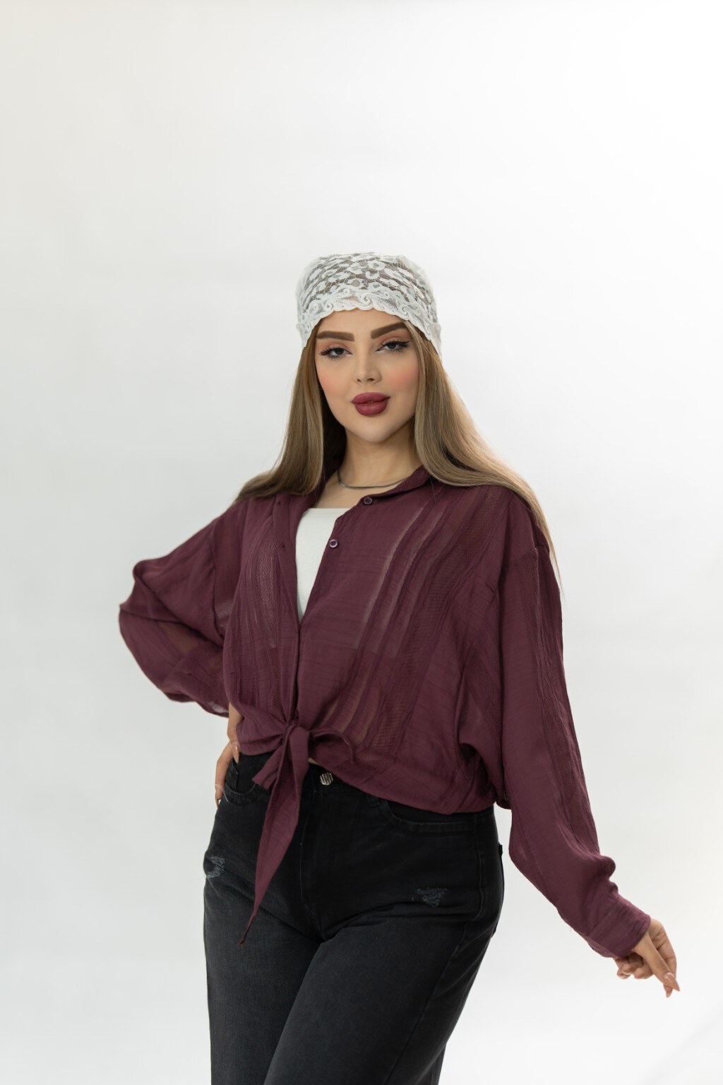 شومیز گرهی شیشه‌ای زنانه رنگ زرشکی